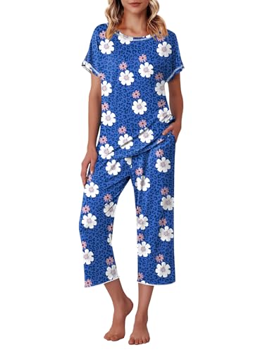 Image of Ekouaer Women's Capri Pajama Sets Print Short Sleeve Sleepwear Top and Capri Pants Soft Loungewear with Pocket