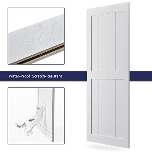 Coshomer 30In X 80In White Sliding Barn Door, Solid Wood Slab Inside Covered With Water-Proof Pvc Surface, Mdf, Easy Assembly, H-Frame #TOP4