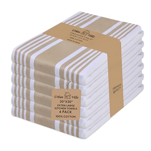Urban Villa Kitchen Towels 100% Cotton Dish Towels for Kitchen (Set of 6)20”x30” Dish Cloths Highly Absorbent Kitchen Linen Set with Hanging Loop Perfect for Drying Dishes Cleaning Towels-Taupe White
