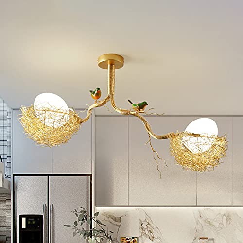 LED Pendant Light, Cream Glass Egg Pendant Lamp Chandelier Gold Chandelier Light Hanging Lamp with Nest and Bird Decoration for Kitchen Living Room Bedroom Island Restaurant Cafe, 2-Light Lucky Star