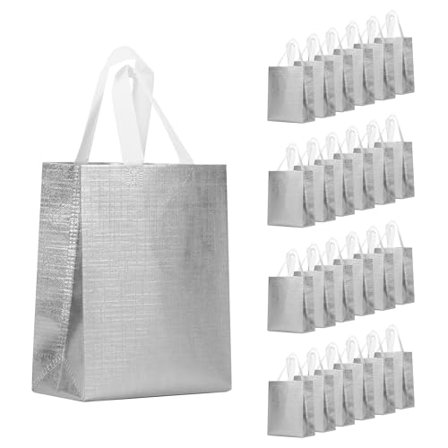 cabzymx Silver Small Reusable Gift Bags with Cardboard Bases 25 Pcs Return Gift Bag Bulk for Wrapping Gifts Birthday Wedding Parties-10.2x3.9x8.3 In
