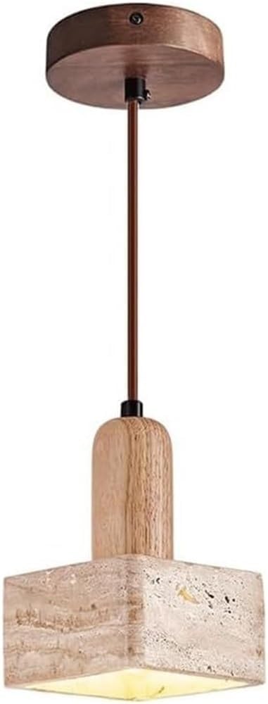 Travertine Stone Pendant Light Solid Wood Square Adjustable Hanging Lamp Nordic Organic Design E27 Ceiling Fixture for Kitchen Island Dining Room Bedside Bar Living Room(Natural Wood Color)