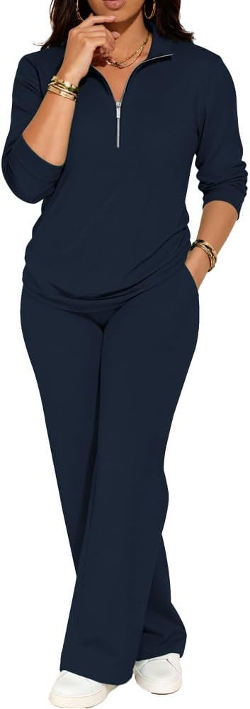 PINSV Women's 2 Piece Outfits Sweatsuit Lapel Half Zip Sweatshirts Wide Leg Pants Set Tracksuit - Image 3