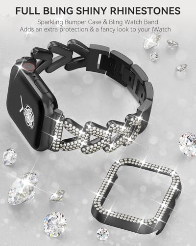 Image of Rhinestones Encrusted Metal Bracelet and Case, Compatible with Apple Watch Bands 38mm-49mm (Series 11 /10 /1 /SE /Ultra 2)- Bling Gold Women's Jewelry Strap, Luxury iWatch Bracelet