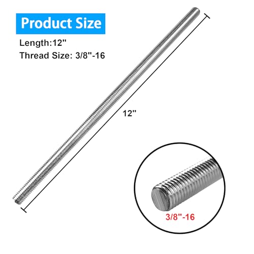 LWCUSNJ 4pcs 3/8"-16 Fully Threaded Rod, 304 Stainless Steel Long Threaded Screw, 12" Length, Right Hand Threads (3/8"-16) - Thumbnail 3