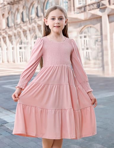 DREAM BUS Toddler Fall Casual Dress - Girl's Smocked Long Sleeve Midi Dress - Tiered A Line Party Flowy Dress2
