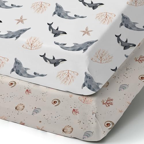 Image of Pack n Play Sheets, BROLEX 2 Pack Mini Crib Sheets,Stretchy Portable Fitted Playard Sheet Set, Convertible Playard Mattress Cover,Ultra Soft Breathable Material, Dolphins Shells