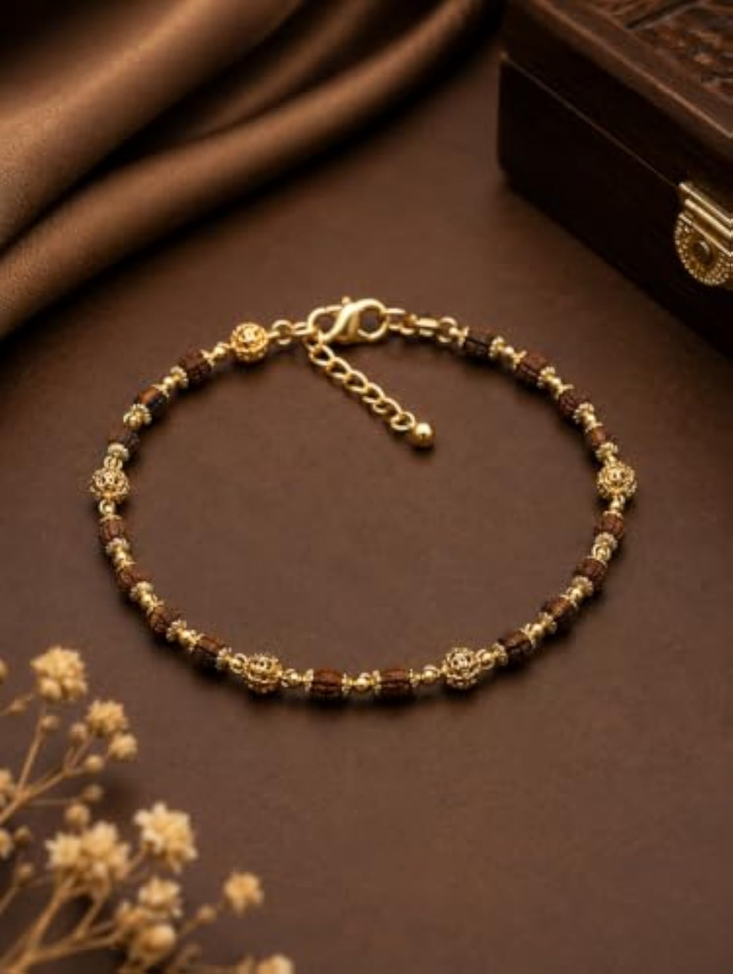 Rudraksha and Gold-Tone Beaded Bracelet with Lobster Clasp