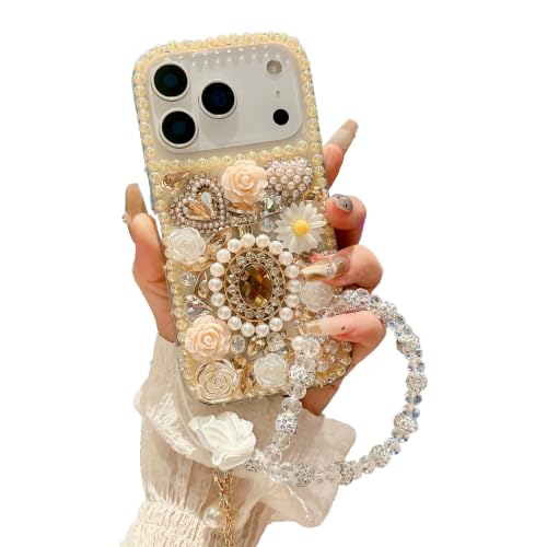 iFiLOVE for iPhone 18 Pro Bling Diamond Case with Flower Strap (Champagne)
