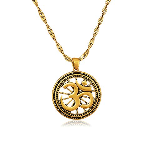 Traditioneller Anhänger Mantra Om Aum Symbol I Messing vergoldet mit Kette und Schmuckbeutel | Indien Spiritualität Yoga Cover
