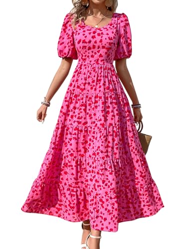 Image of PRETTYGARDEN Puff Short Sleeve Cewneck Floral Long Fall Dresses for Women 2025 Flowy Tiered Hem Maxi Wedding Guest Dress
