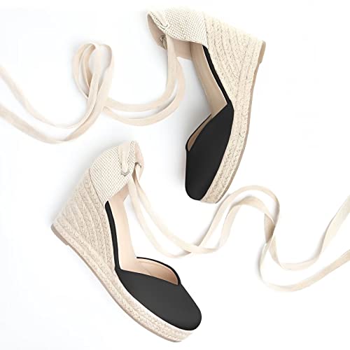 Musshoe Wedge Sandals For Women Closed Toe Lace Up Espadrille Wedges For Women Black 8 #TOP1