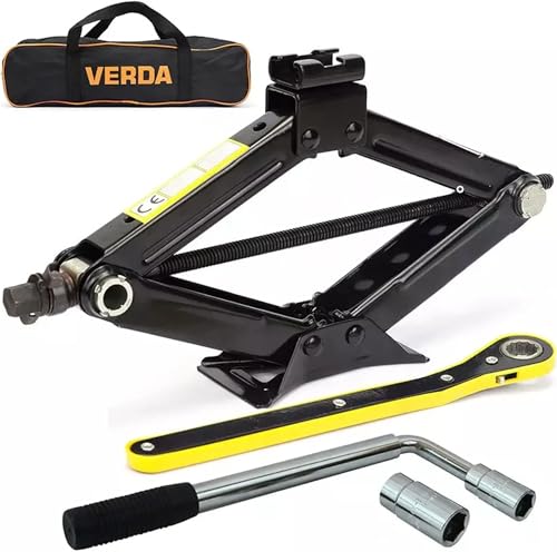Gato hidráulico de tijera 2T (2000 kg), 98 – 440 mm, llave de carraca, llave de tuercas de rueda, kit de gato con carraca, elevador de coche, placa de acero ampliada, gato portátil para turismos MPV