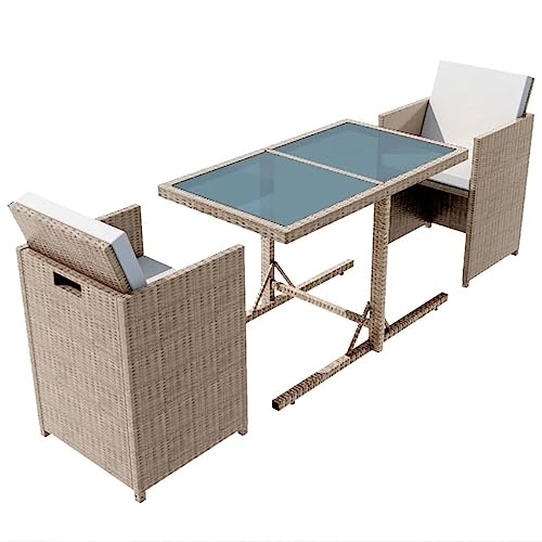 KCCKOM Garden Furniture Set 3 Piece Bistro Set with Cushions Poly Rattan Beige