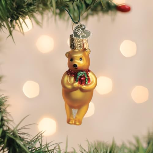 Old World Christmas Mini Winnie with Gift Glass Blown Ornament for Christmas Tree, Handcrafted Holiday Decoration, Winnie The Pooh Collection