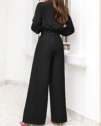 PRETTYGARDEN Women's 2 Piece Outfits 2026 Spring Fashion V Neck Long Sleeve Strappy Crop Top Wide Leg Pant Lounge Sets - image 5