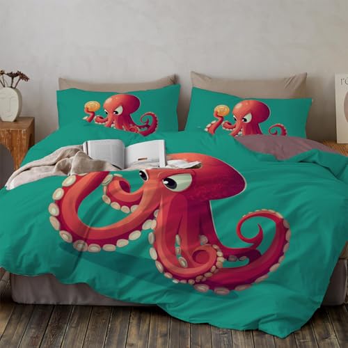 Linge de lit pieuvre rouge 220x240 housse de couette 3D réversible en microfibre - 2