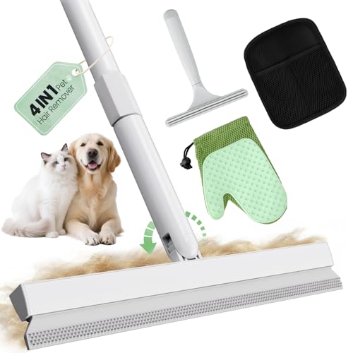 Carpet Rake for Pet Hair Removal Tool - 4 in 1 Pet Hair Remover Kit for Dog Cat Fur Remover, Contain 60' Adjustable Rubber Broom, Glove, Magic Brush and Scraper for Furniture,Short Pile Carpets, Mats