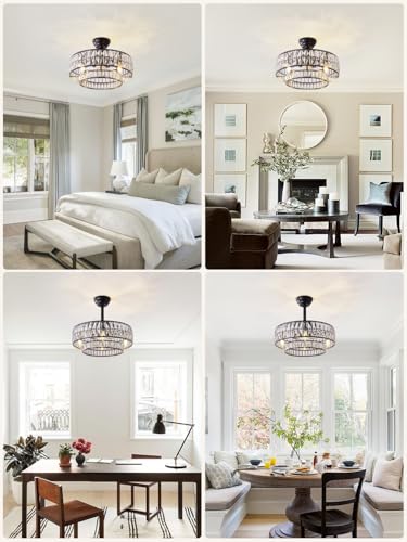 Image of 20 inch Black Fandelier Ceiling Fan with Light, Black Crystal Chandelier Ceiling Fans with Light, Mid Century Rustic Remote Control, Semi Flush Mount Caged with 6 Speed for Living Room Bedroom Nursery