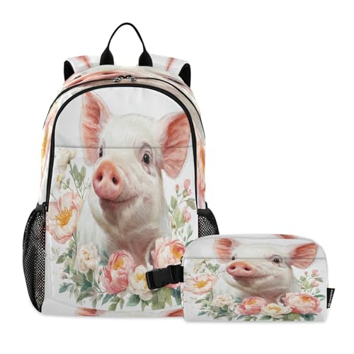 Kids Backpack Flower Pig Boys Girls School Backpack with Lunch Bag Bookbag Set for Elementary Middle School Teens