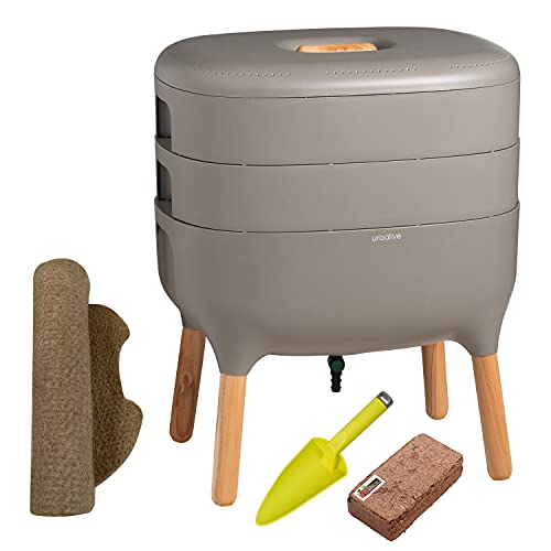 WormBox I Urbalive Grigio, Kit Completo I Vermicompostaggio Design I Substrato Iniziale I Stuoia di Canapa + Pala I Interno, Balcone e Giardino (Senza Vermi Lombrichi)