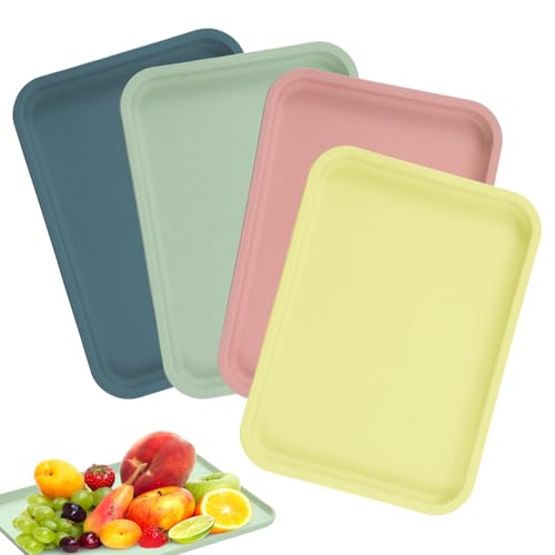 4 PCS Plastic Tray for Food Serving, 33 X 22.5cm Serving Tray 4 Colors Cafeteria Trays Small Tray for Serving Drinks Snacks Tea Fruit
