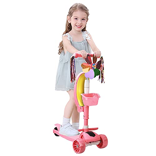 Vinteky 2 en 1 Patinete de 3 Ruedas de LED Luces para Niños de 2-8 Años Scooter Plegable Patinete Infantil Manillar Altura Ajustable (Rosa)