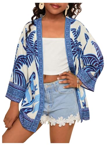 Girl's Graphic Tropical Open Front Swimsuit Cover Up 3/4 Sleeve Cardigan Kimono Beachwear