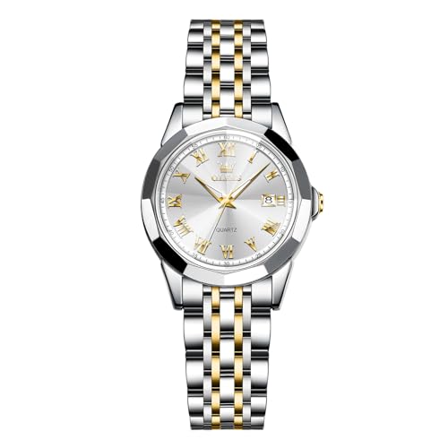 OLEVS 腕時計 防水 レディース 人気 小さい時計ビジネス ファッション おしゃれ アナログクオーツ メタル ゴールドホワイト ステンレスバンド 女性用うで時計 日付 Women Watch 銀文字盤 クリスタル 耐圧ウォッチ かわいい カジュアル 見