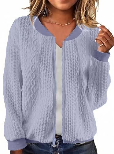 Image of WROLEM Women's Zip Up Cardigan Sweater Cable Hoodies Long Sleeve Jacket Outfits Crewneck Casual Coat