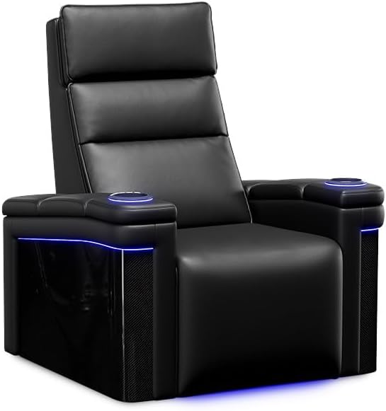 Valencia Monza Carbon Fiber Home Theater Seating | Premium Matte Semi-Aniline Nappa 15000 Nappa Leather, Power Lumbar, Headrest and Recline (Single, Carbon Black)