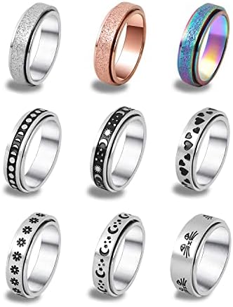 DICOINA 9Pcs Stainless Steel Fidget Rings for Women Men Spinner Anxiety Rings Moon Star Matching Rings Wedding Promise Band Rings Size5-10