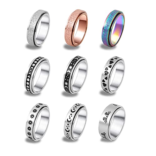 DICOINA 9Pcs Stainless Steel Fidget Rings for Women Men Spinner Anxiety Rings Moon Star Matching Rings Wedding Promise Band Rings Size 5-10