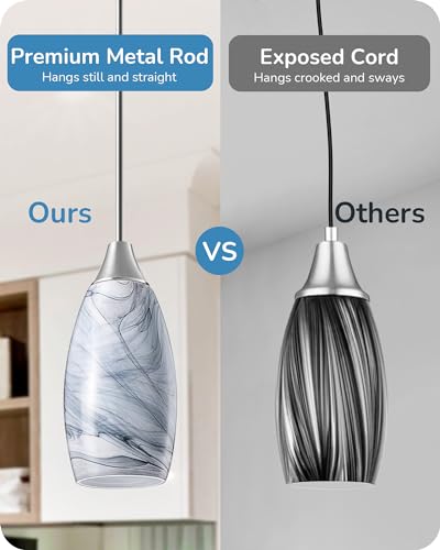 Image of EDISHINE Pendant Light Fixture, Handcrafted Art Glass Hanging Light, Hardwired Ceiling Light, Grey Marble Glass Shade, Adjustable Brushed Nickel Rods, E26 Base, Pendant Lamp for Kitchen Island, Bar
