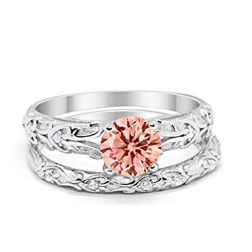 Blue Apple Co. Art Deco Two Piece Wedding Engagement Bridal Set Round Cubic Zirconia 925 Sterling Silver Choose Color