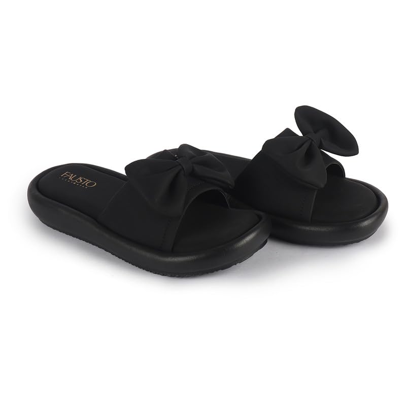 Image of FAUSTO Women Open Toe Bow Design Slip On Sliders | Extra Comfort Cushioned Insole Slippers | Classic Flat Sandals for All Day Long