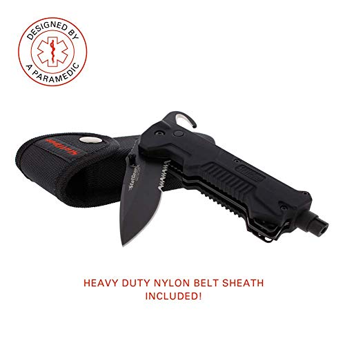 Statgear T3 Tactical Auto Rescue Tool - Folding Rescue Knife, Glass Window Breaker, Seatbelt Cutter, Molded Grips, Led Light, Sheath #TOP4