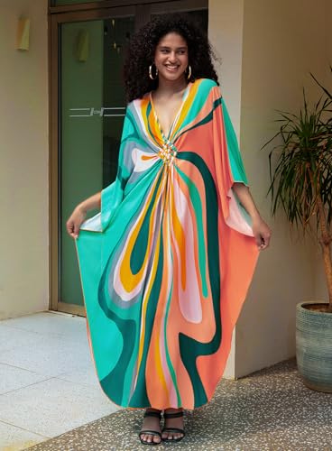 Image of Yanziliu Kaftan Dress for Women,Plus Size Hawaiian Batwing Sleeve Beach Cover Up Summer Swimsuit Dresses