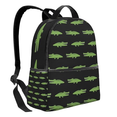 Water Resistant Bookbag, Versatile Travel Backpack Cartoon Green Alligator Black Daypack2