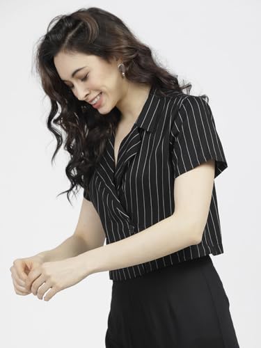 Image of Tokyo Talkies Women's Striped Double-Breasted Rayon Regular Fit Crop Top | Short Sleeves | Chic & Trendy| Women Tops | Stylish Top