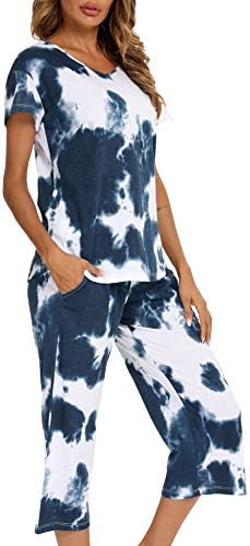 ENJOYNIGHT Women's Tie Dye Printed Pajama Sets Sleepwear Top with Capri Pants Lounge Sets with Pocket(XX-Large, Navy)