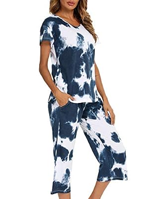 ENJOYNIGHT Women Tie Dye Pajama Set Short Sleeve Top with Capri Pants Pjs