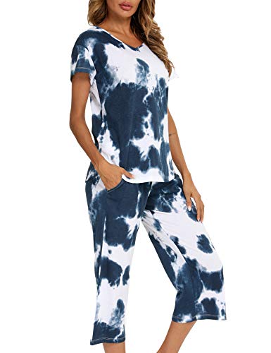 ENJOYNIGHT Women's Tie Dye Pajamas Sets Lounge Short Sleeve Top with Capri Pants Sleepwear 2 Piece Set