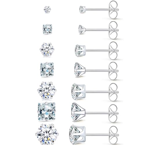 Square Round Diamond Stud Earrings Mix Match Set 7 Pairs Hypoallergenic Cubic Zirconia Diamond Titanium Stainless Steel Silver Rose Gold Black Square Round CZ Stud Earrings Jewelry Set for Women Men