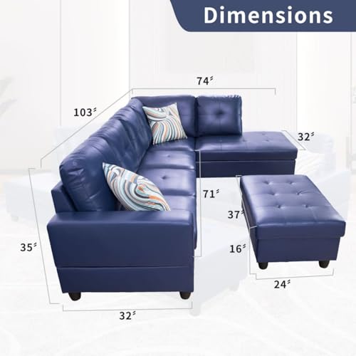 Image of L-Shaped 3-Piece Semi PU Synthetic Leather Sofa with Storage Ottoman Set, Sectional Couch Sofa Set for Living Room, Office, Small Space, Blue