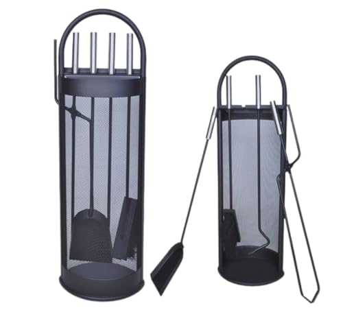 Kit Camino Attrezzi 5 Pezzi, Set Utensili Camino Acciaio Inossidabile, Accessori per Caminetto Stufa Legna con Attizzatoio Scopa Pinza Pala Portattrezzi, Nero