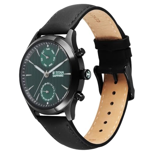Image of Titan Sapphire Quartz Multifunction Green Dial Black Leather Strap Watch for Men - NT1874NL01