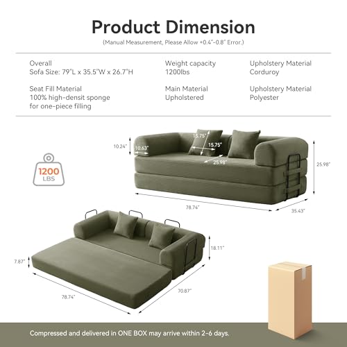 QQR Sleeper Sofa, Comfy Convertible Folding Couch-Futon-Corduroy Fabric Sleeper Sofa Bed with 2 Pillow, Removable Soft Cushion for Small Living Room Dorm/Bedroom/College/Office (Light Green)