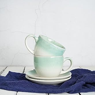 Bosmarlin Ceramic Cappuccino Cup and Saucer Set of 2, 10 Oz, Dishwasher and Microwave Safe, Coffee Cups for Latte, Espresso, Tea, Reavtive Glaze (Green)