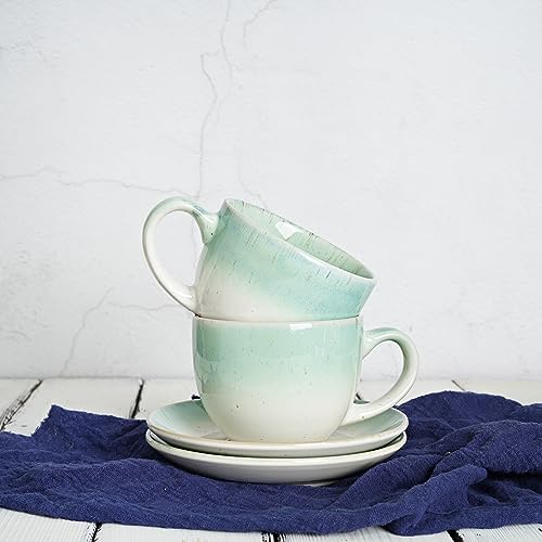 Bosmarlin Ceramic Cappuccino Cup and Saucer Set of 2, 10 Oz, Dishwasher and Microwave Safe, Coffee Cups for Latte, Espresso, Tea, Reavtive Glaze (Green)